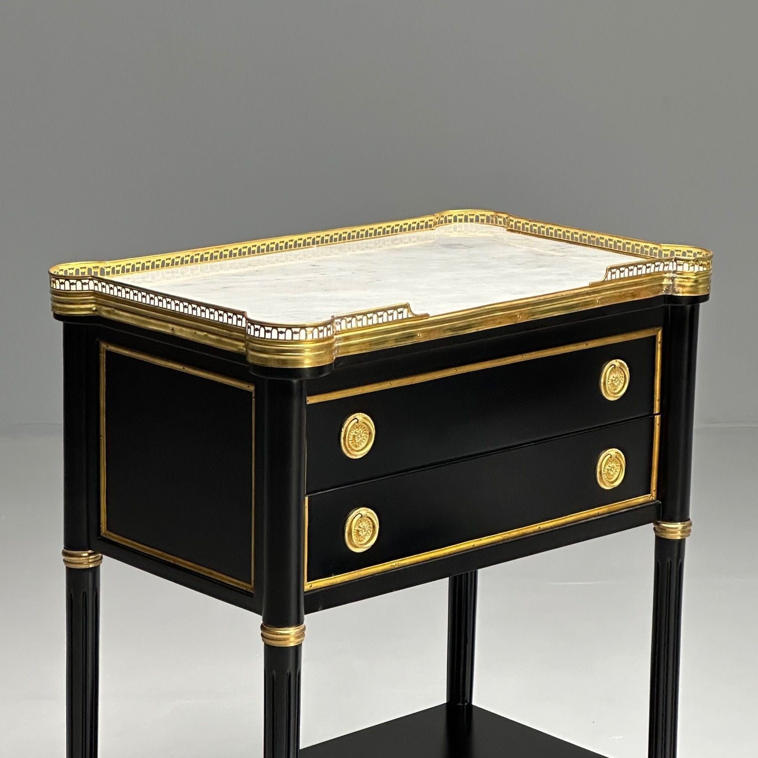Maison Jansen Style, Hollywood Regency, Brass, Marble, Ebonized Nightstands