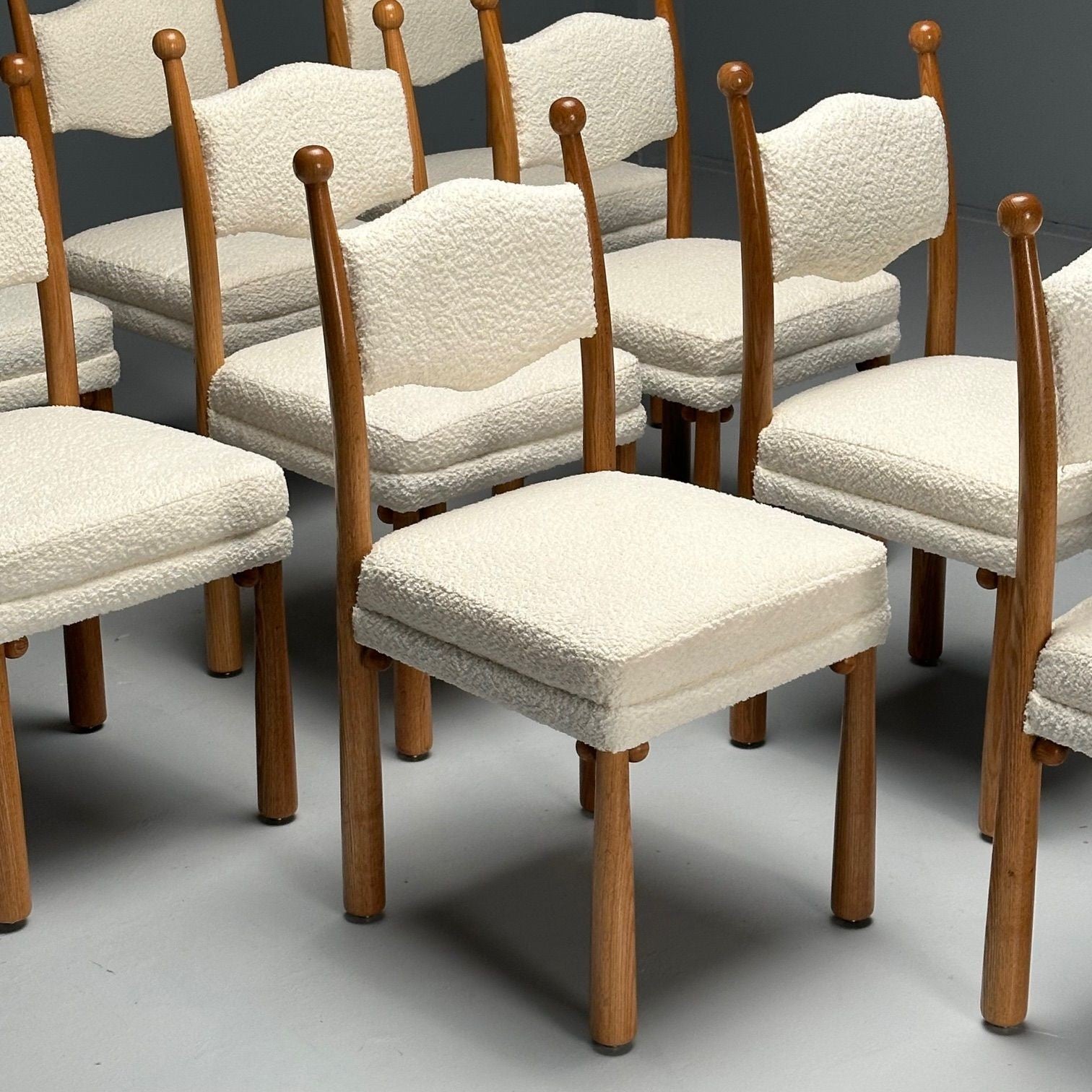 French Mid-Century Modern Style, Oak, White Boucle, Ten Dining Chairs, 21st C.