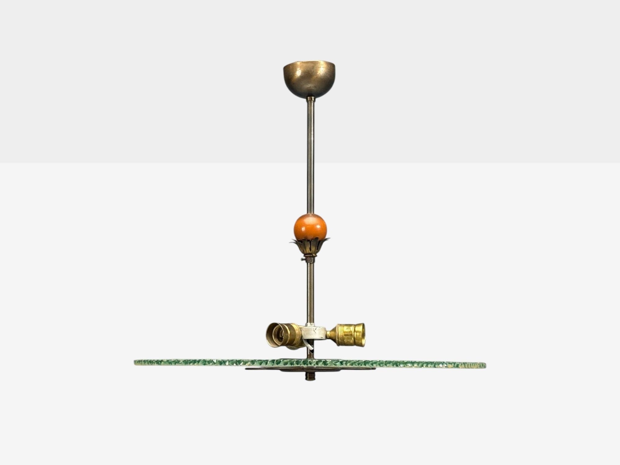 Swedish Modern, Pendant Light, Raw Glass, Wood, Sweden, 1940s