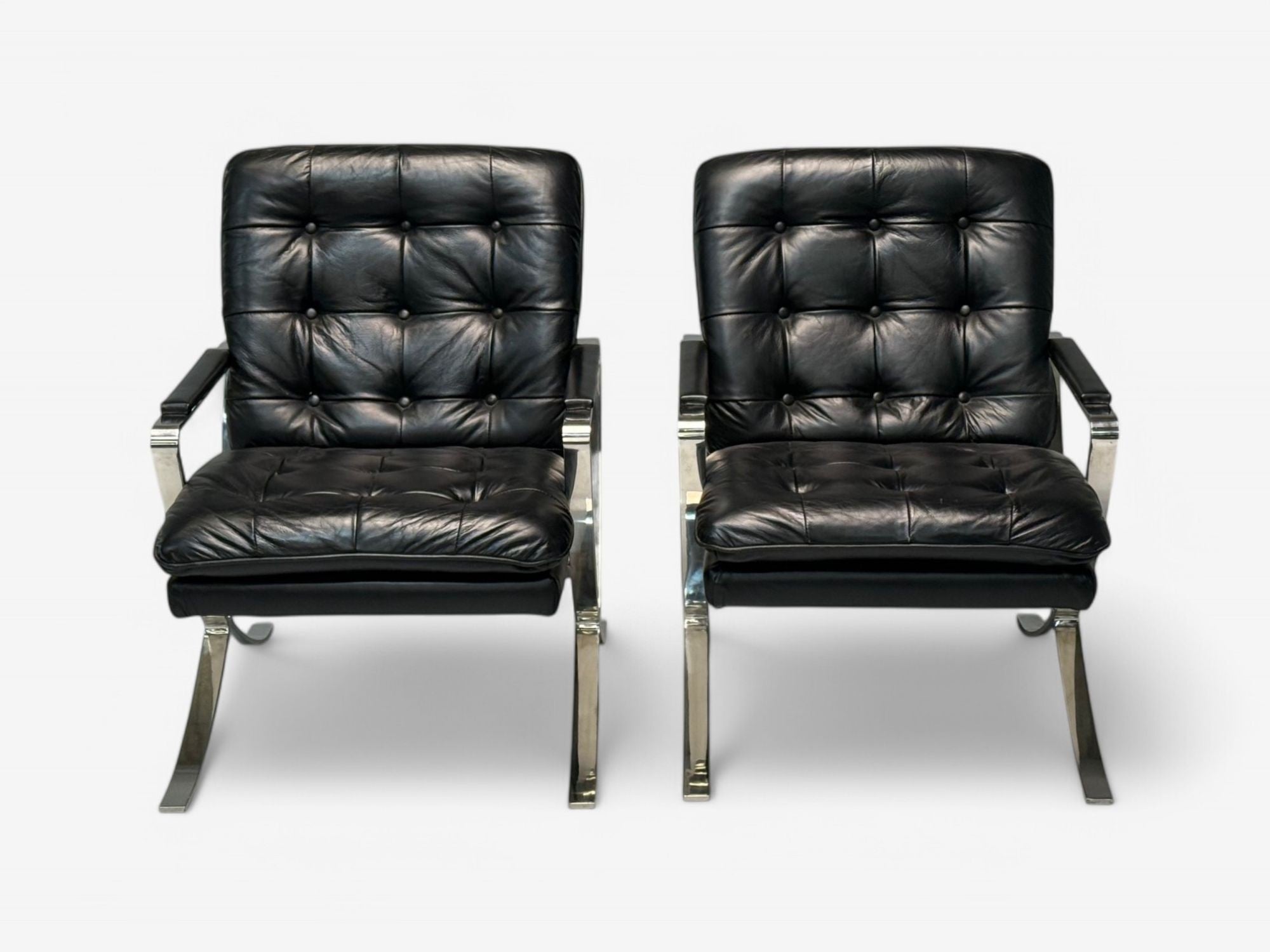 American Mid-Century Modern, Black Leather, Chrome, Lounge Chairs, USA, 1980s