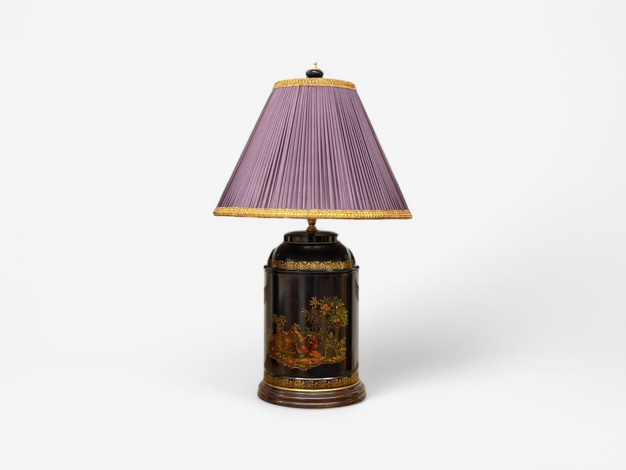 Chinese Export, Chinoiserie, Black Metal, Canister Lamps, Silk Shades, 1960s