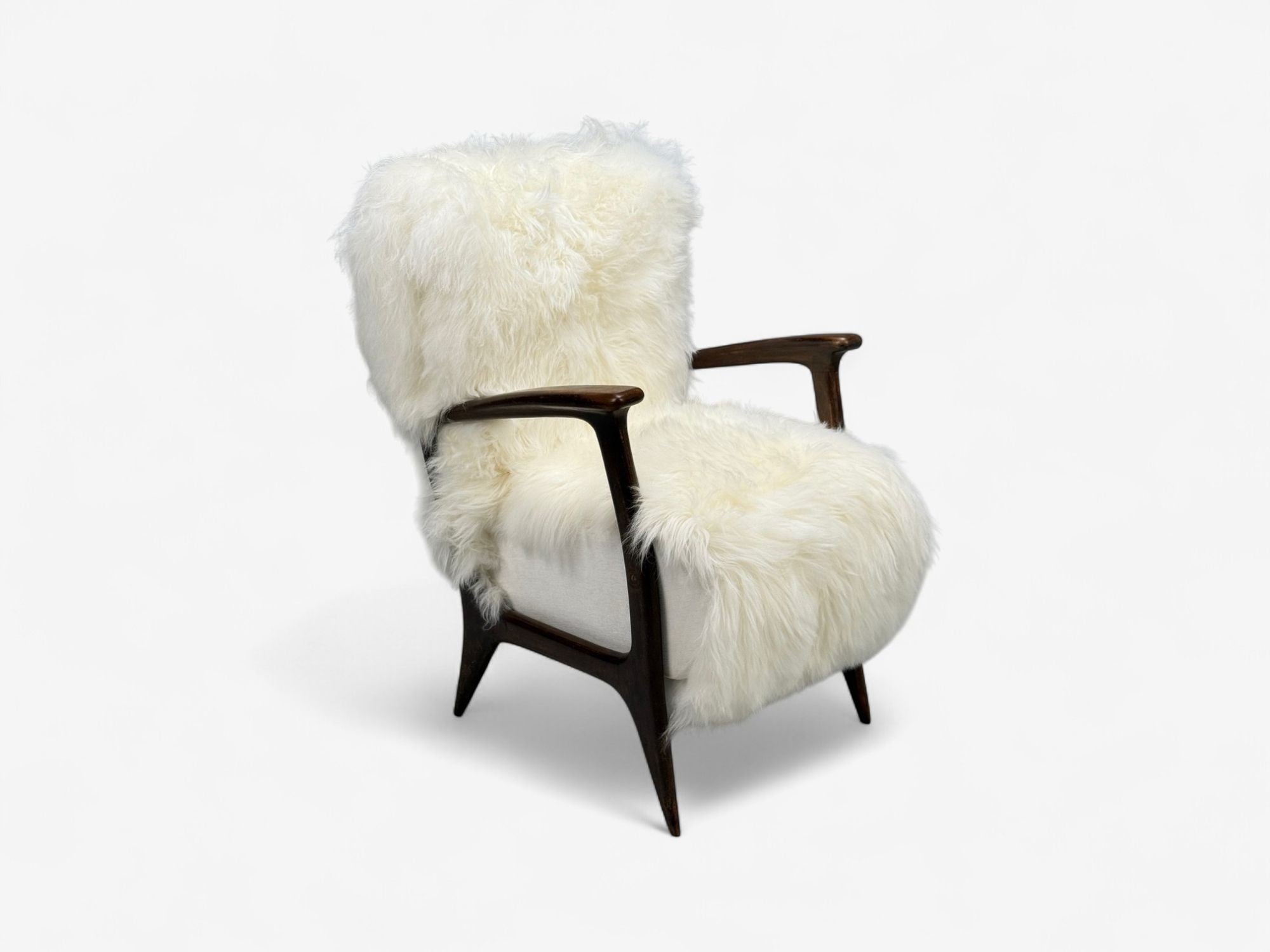 Italian Modern, Wood, White Shearling, Lounge Chair, 1950s