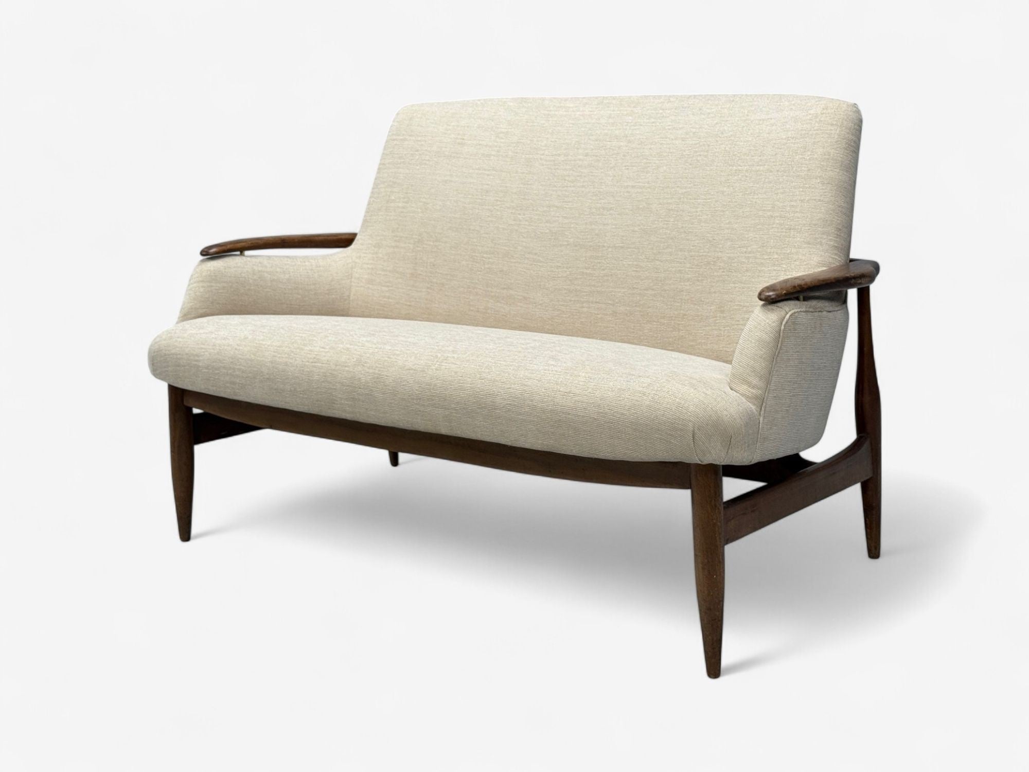 Finn Juhl Style, Danish Modern, Wood, Beige Fabric, Sofa, Denmark, 1950s