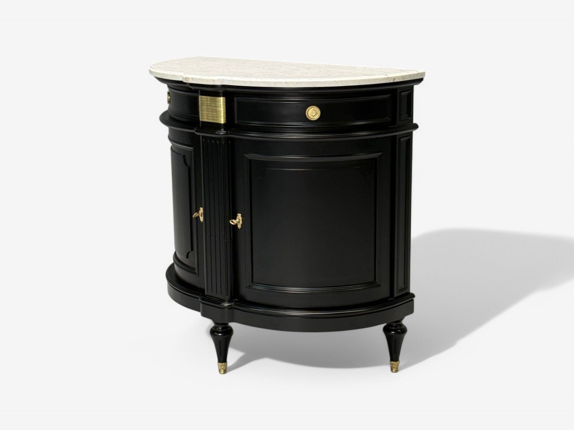 Louis XVI Style, Ebony, Bronze, Marble, Demi Lune Server, France, 1930s