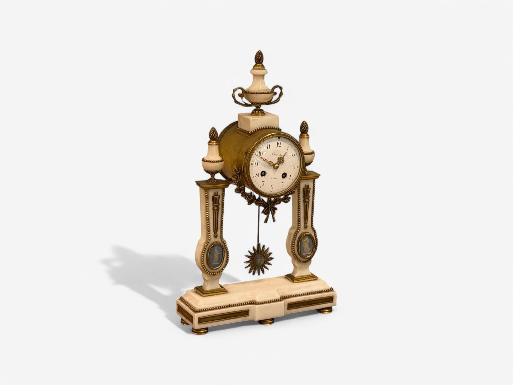 Hubert Sarton Style, Louis XVI, Porcelain, Bronze, Marble, Mantle Clock, 19th C.