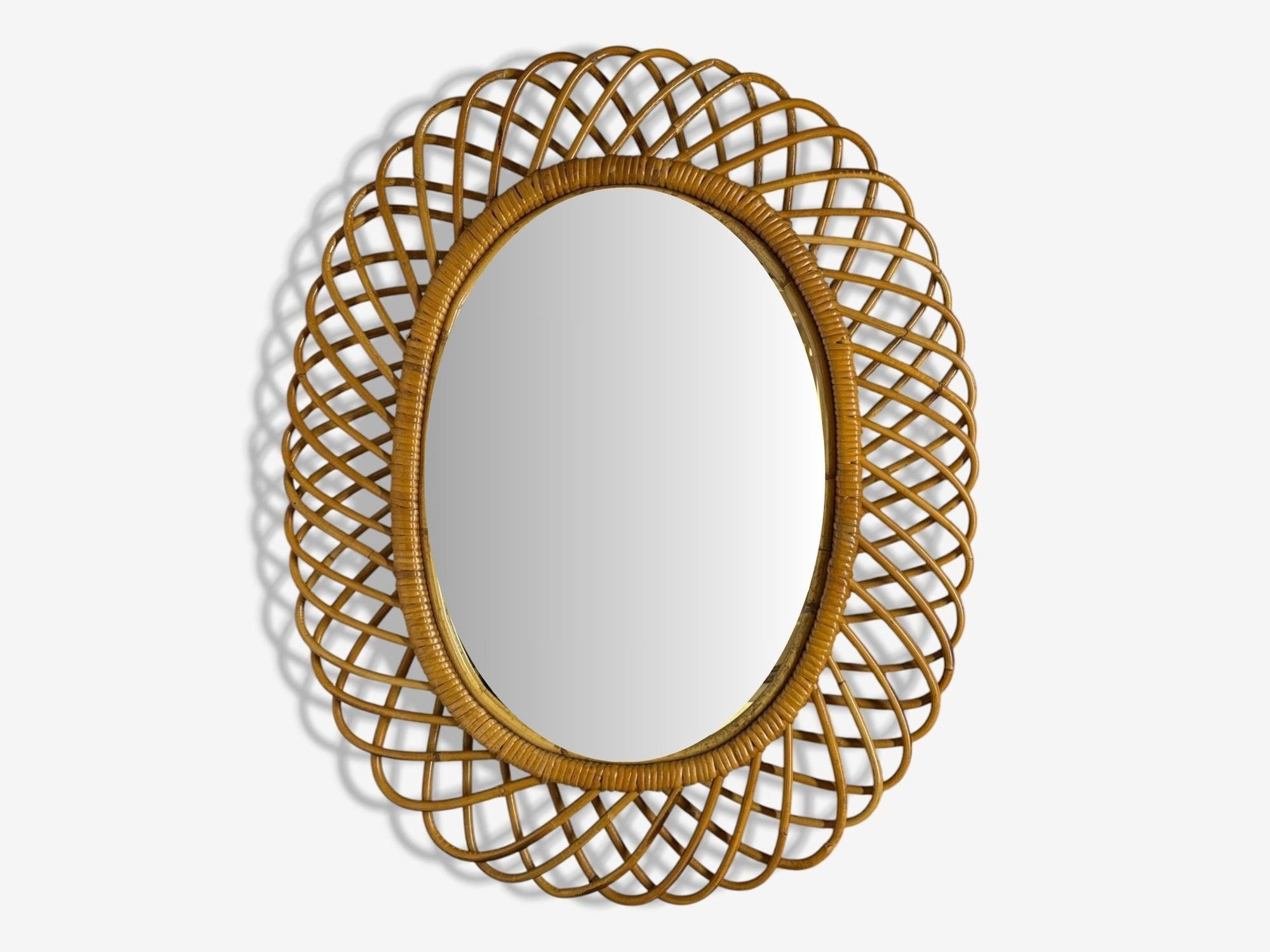 Italian Modern, Rattan, Bamboo, Wall Mirror, Italy, 1960s