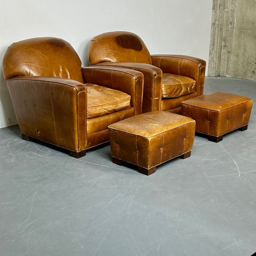 Rare Pair French Art Deco Style Leather Ottomans, Low Stools, Distressed
