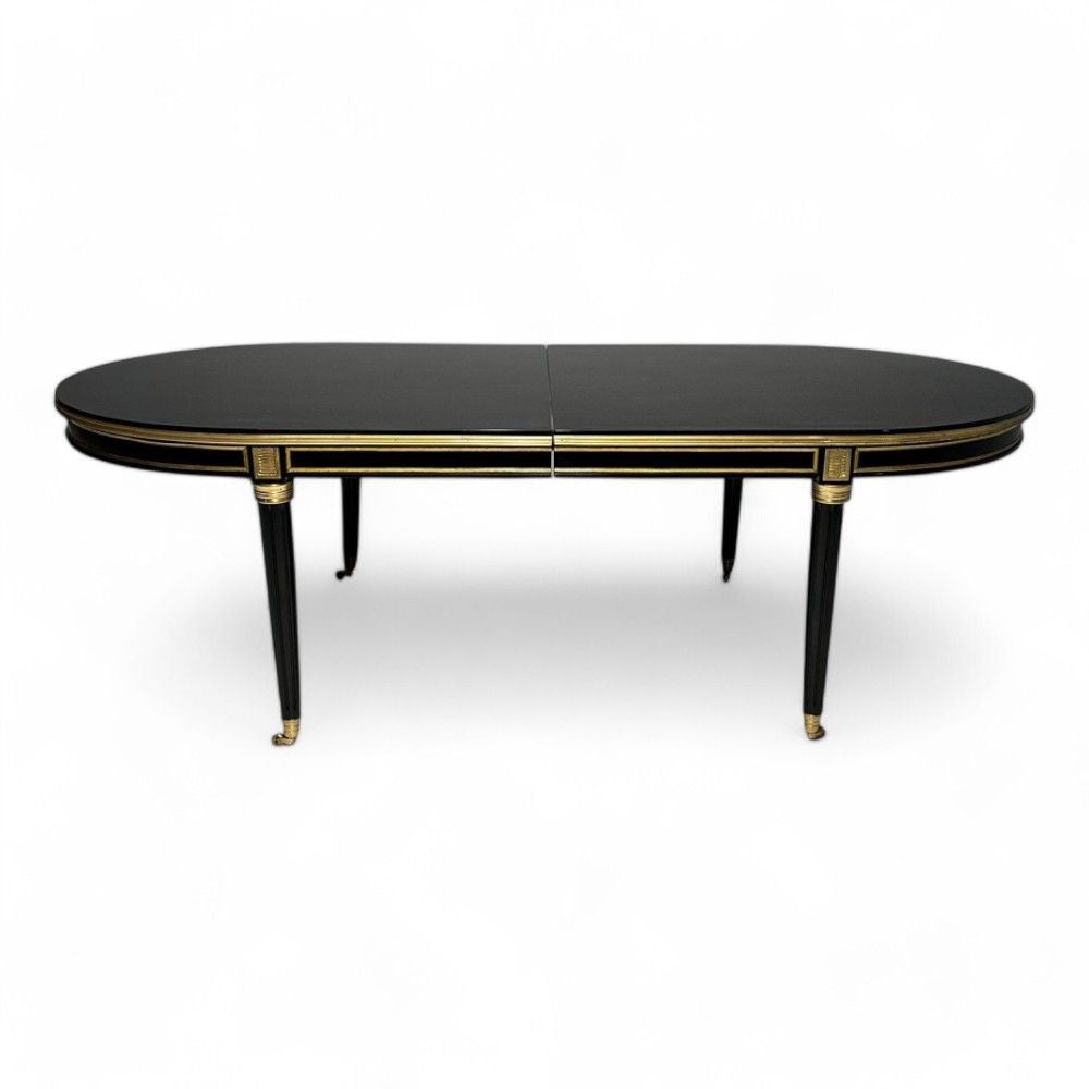 Maison Jansen Style, Hollywood Regency, Dining Table, Black Lacquer, Bronze