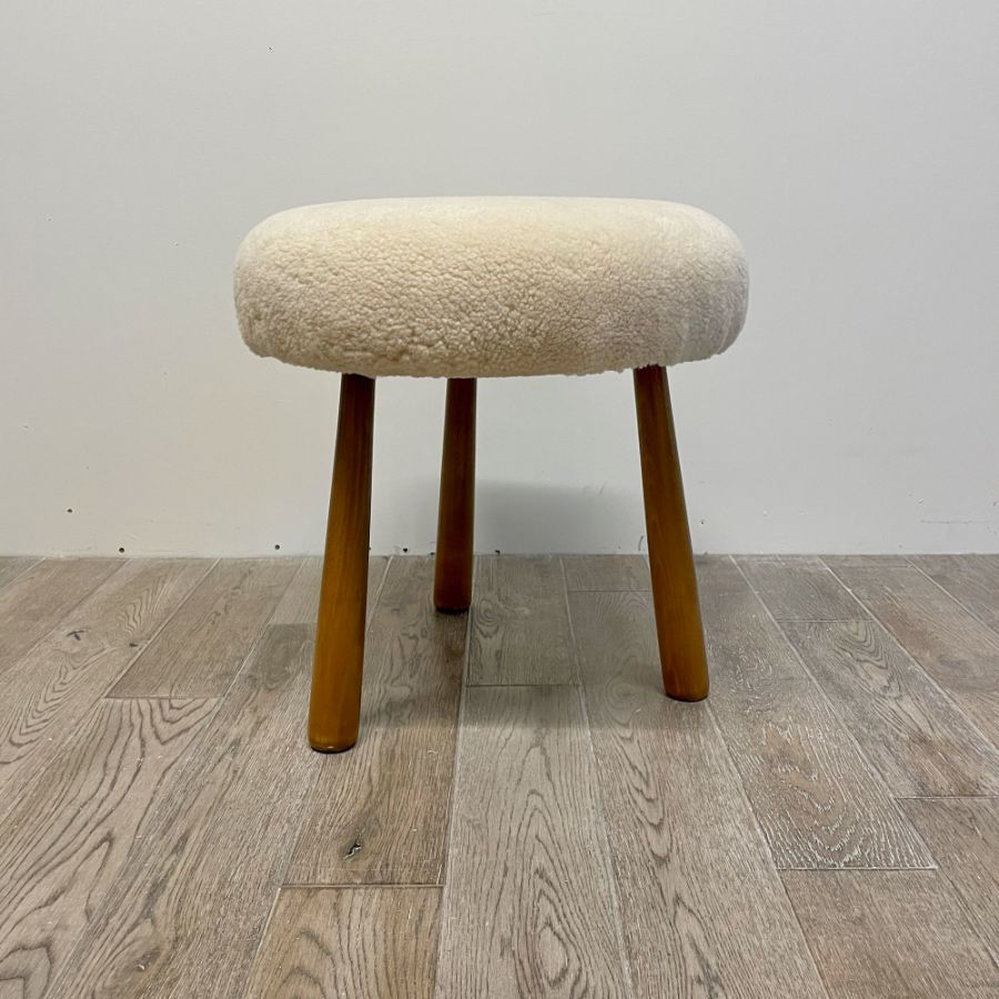 Contemporary Swedish Modern Style Sheepskin Footstool / Ottoman, Beige