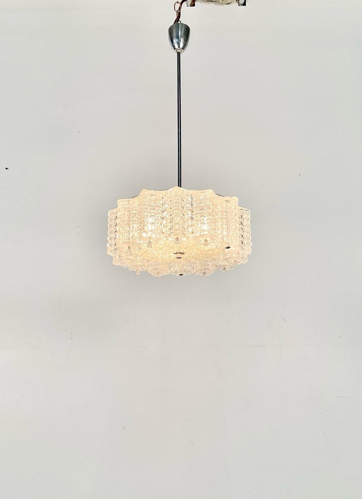 Art Deco, Chandelier, Textured Glass, Chrome, Sweden, Circa 1930s