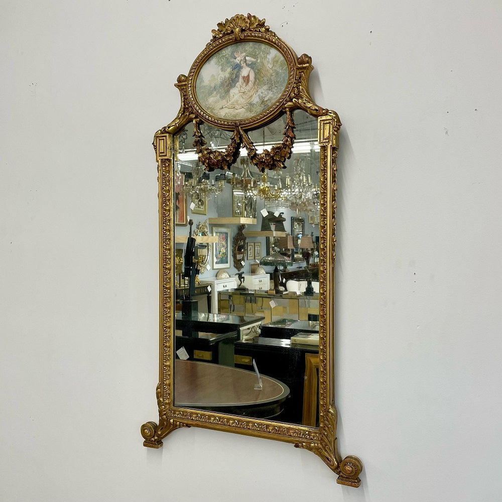 French Neoclassical Style Giltwood Wall / Console Mirror with Oval Artwork