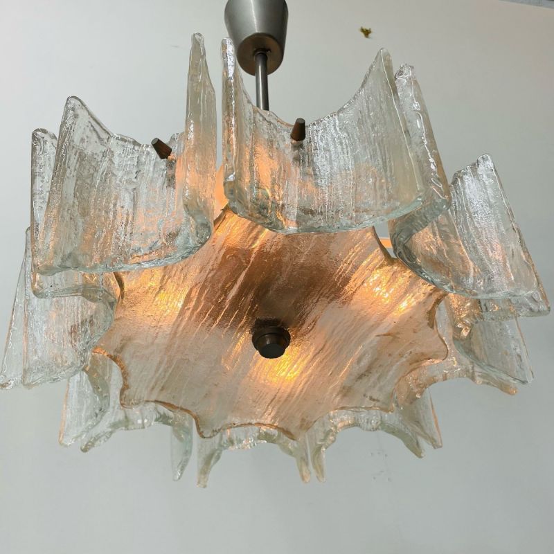 Small Swedish Mid-Century Modern Chandelier / Pendant, Slumped Glass and Brass