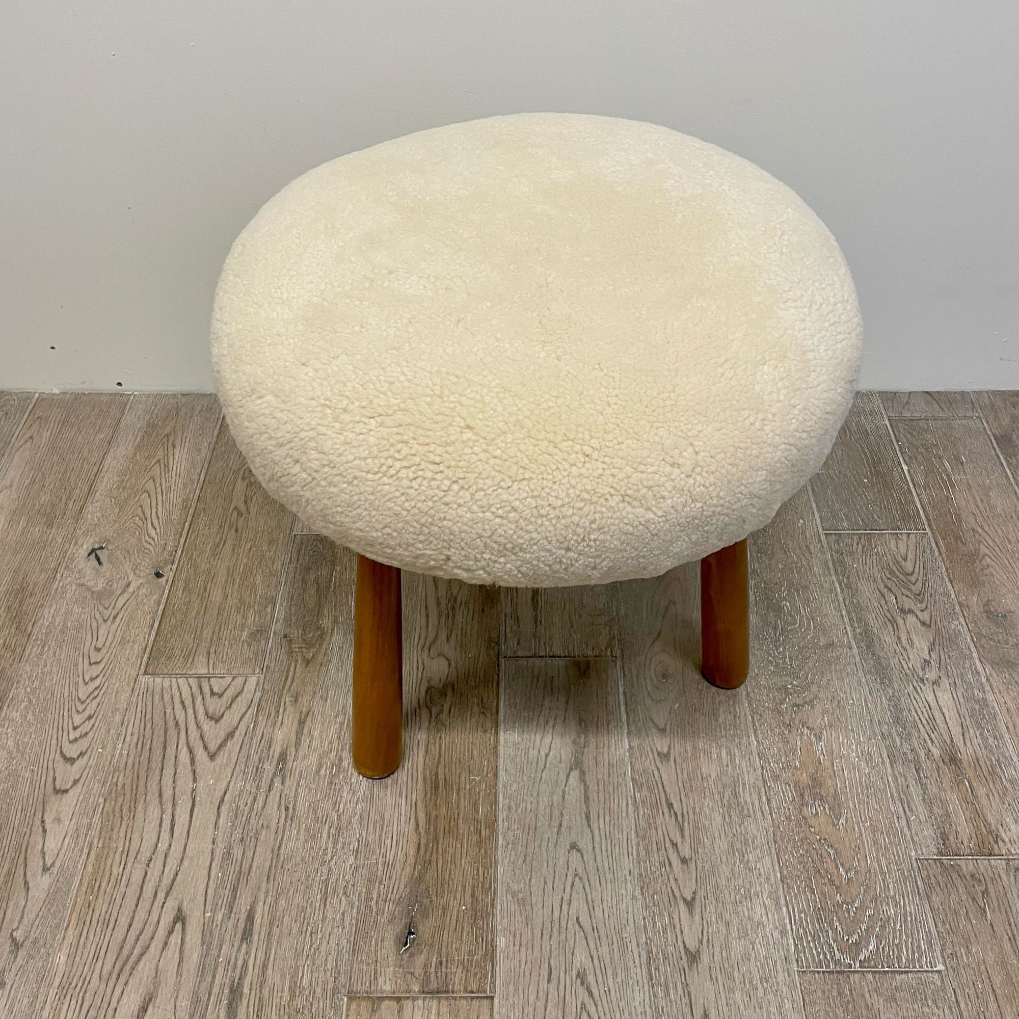 Swedish Modern Style, Beige Sheepskin, Stained Wood, Ottoman or Footstool