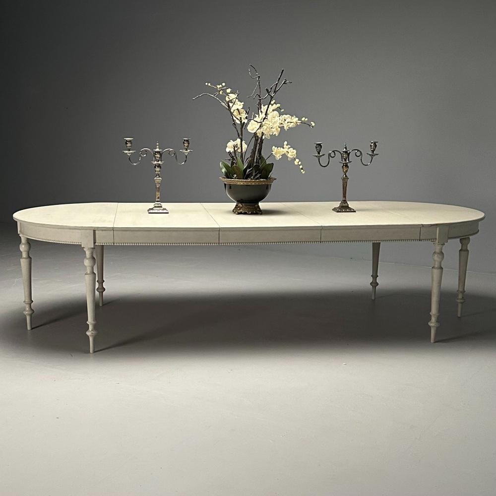 Gustavian, Large Swedish Dining Table, Gray Paint Distressed, Sweden, 1970s