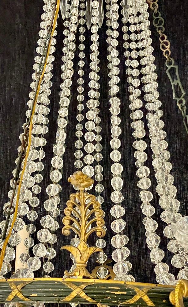 Russian Neoclassical Six Light Chandelier, Bronze and Crystal