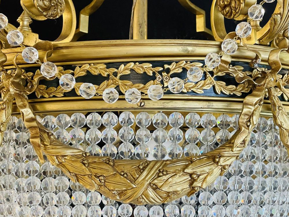 A Pair of Gilt Bronze Louis XVI Style Ballroom Chandeliers, Crystal, Rewired