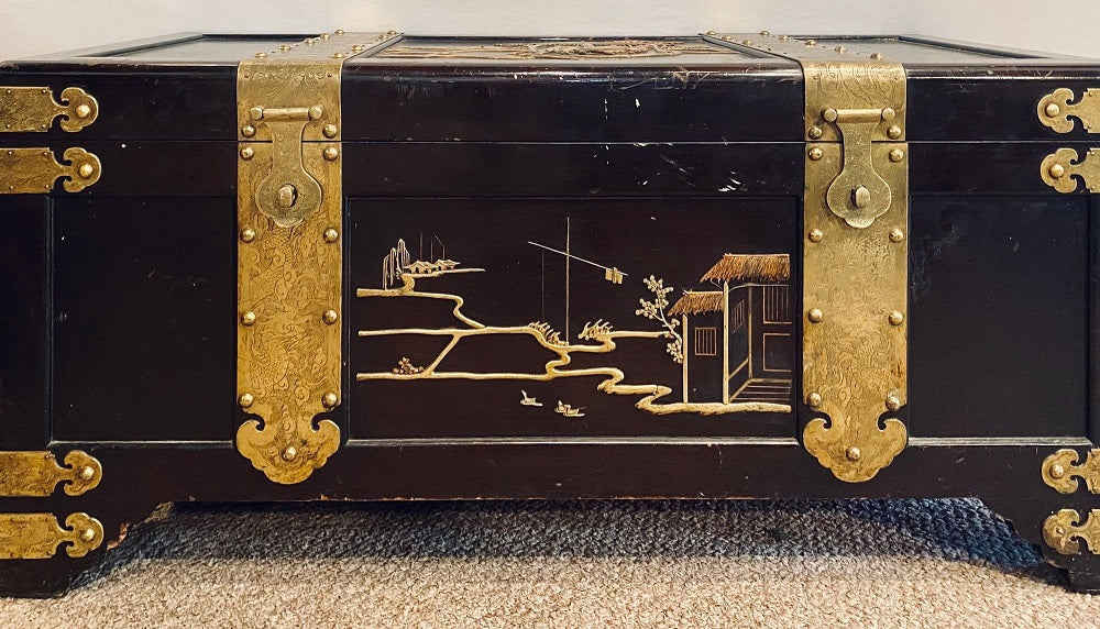 1920s Asian Dowry, Blanket or Storage Chest, Bronze Decorated J. L. George