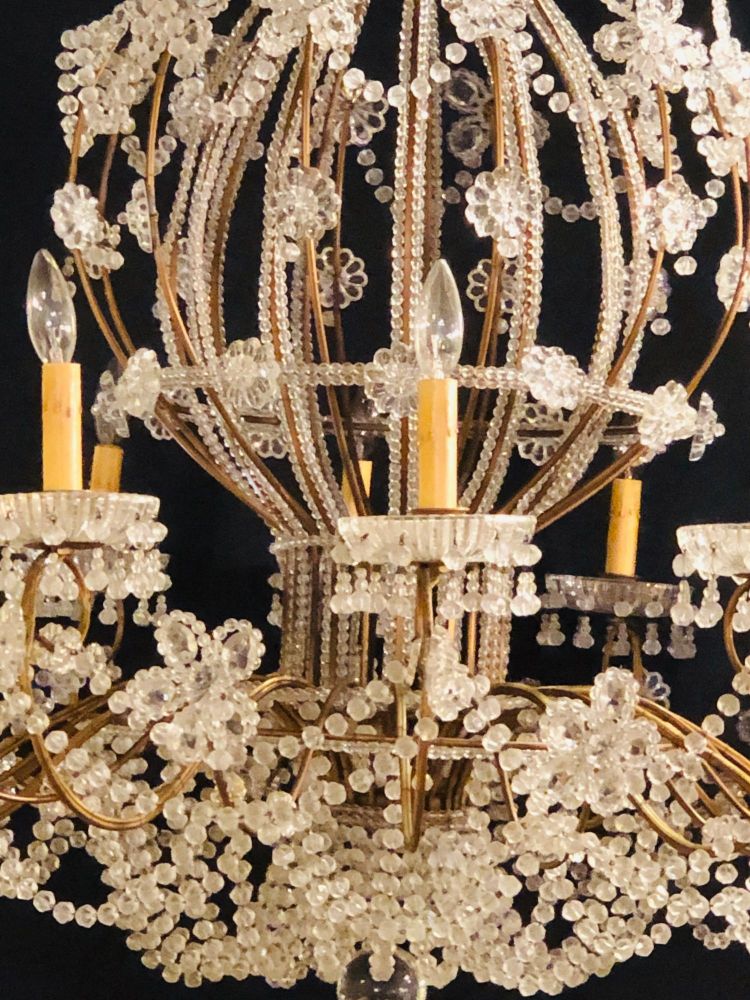 Beautiful Gilt Iron 12-Light Chandelier with Great Crystal and Bead Decoration