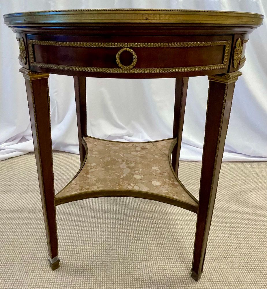 French Mahogany Louis XVI Style Marble Top Bouillotte Table, Bronze Mounted