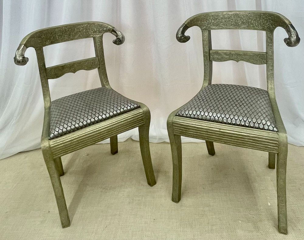 Pair of Neoclassical Side Chairs, Wrapped Metal, Rams Heads, Europe Gustavian