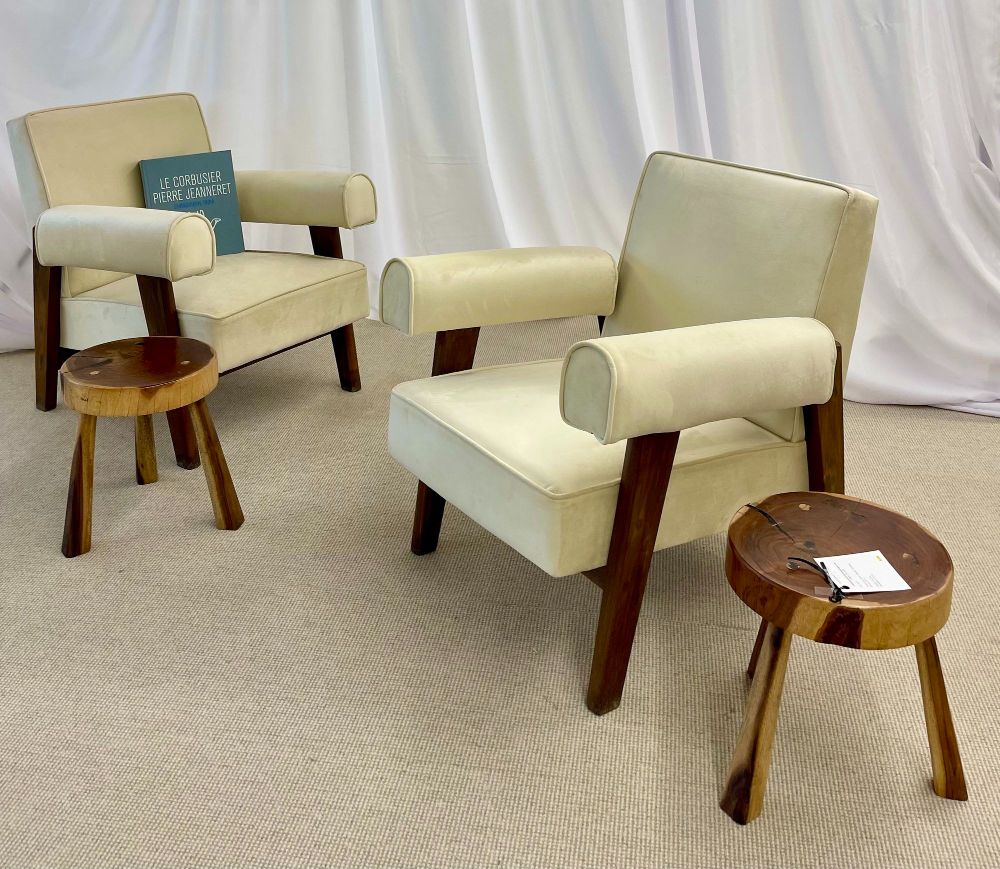 Pierre Jeanneret, French Mid-Century Modern, Bridge Lounge Chairs, Teak, Suede