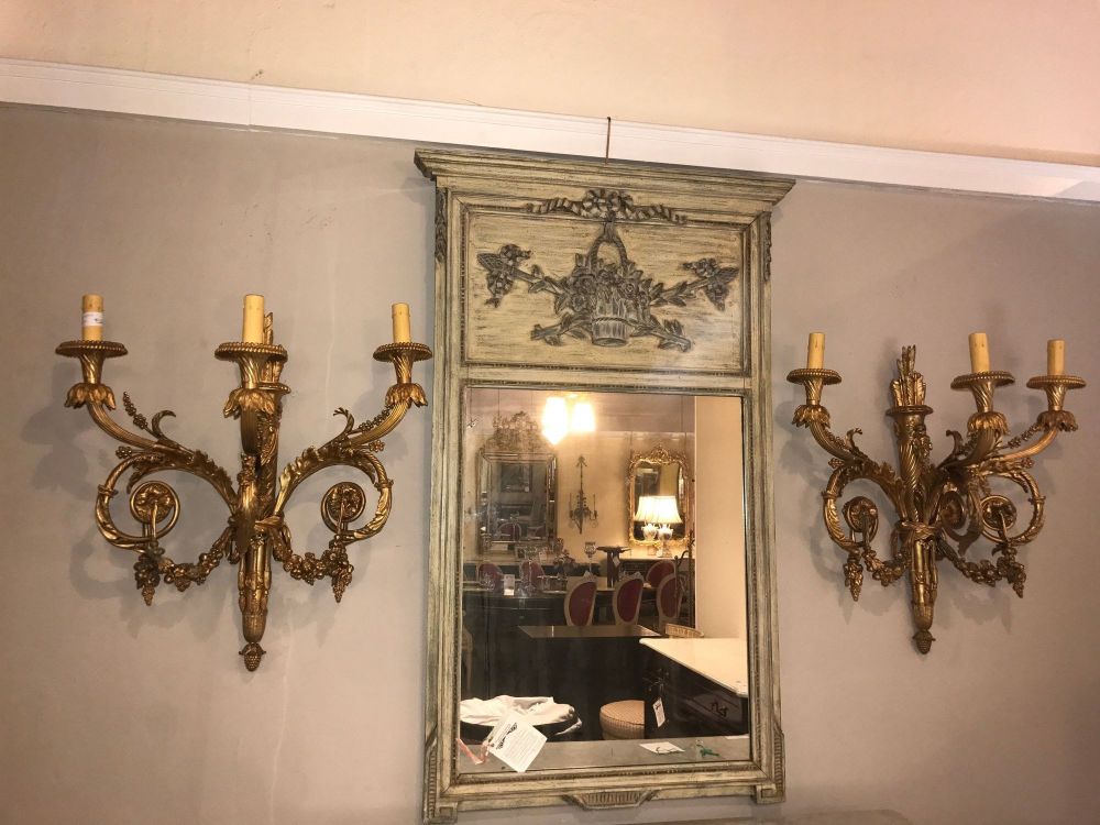 Pair of Monumental Three-Light Sconces Solid Bronze Louis XVI Style