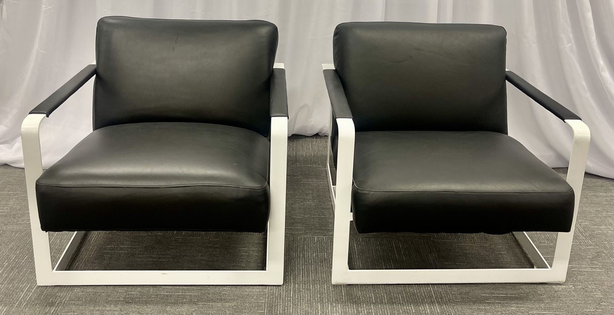 Pair of Mid-Century Modern Lounge Chairs, Leather, Steel Base, American, 1980s