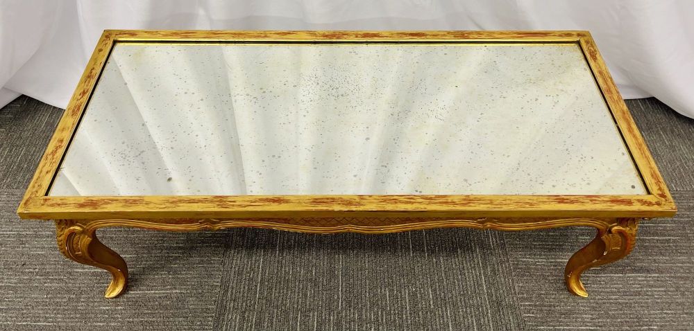 Petite Hollywood Regency Style Coffee Table, Giltwood Base, Antiqued Mirror Top