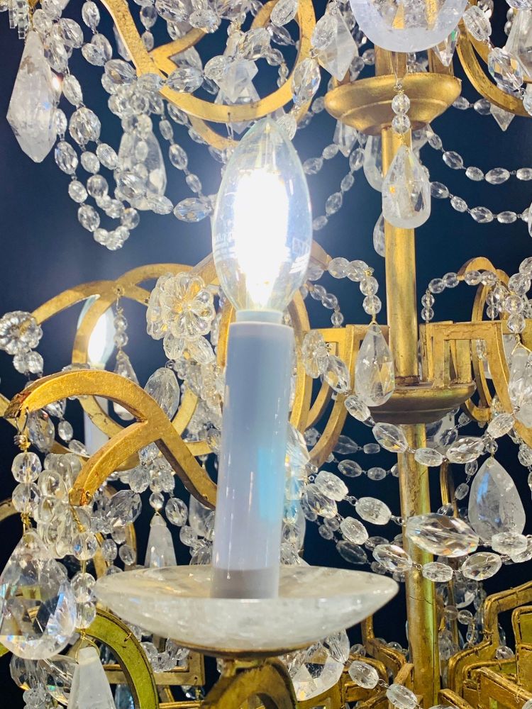 12 Light Gilt Metal Rock Crystal Chandelier. Hollywood Regency in Style