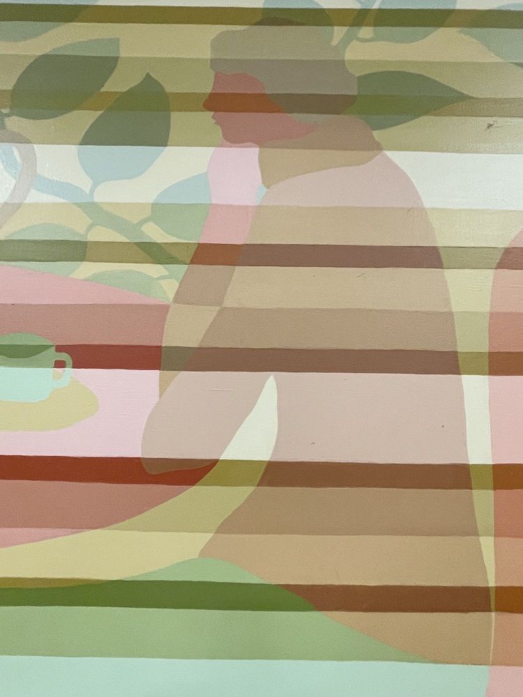 Pair of Mid-Century Framed Oil on Canvas, 'Tea Time' Signed Melbardis, 1979
