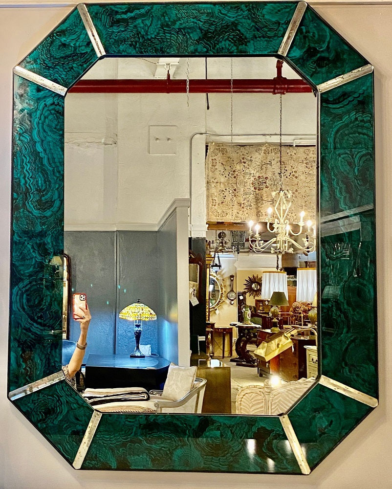 Hollywood Regency Octagonal Wall Mirrors Antiqued Malachite Style