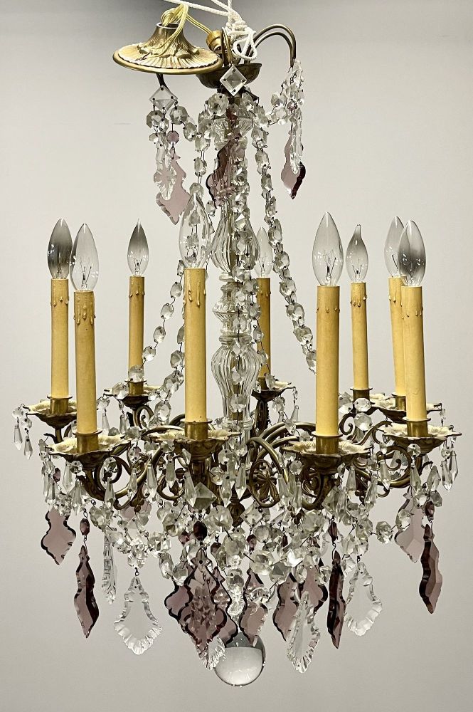 Louis XVI Bronze and Crystal Chandelier, Colored and Clear Crystals, France