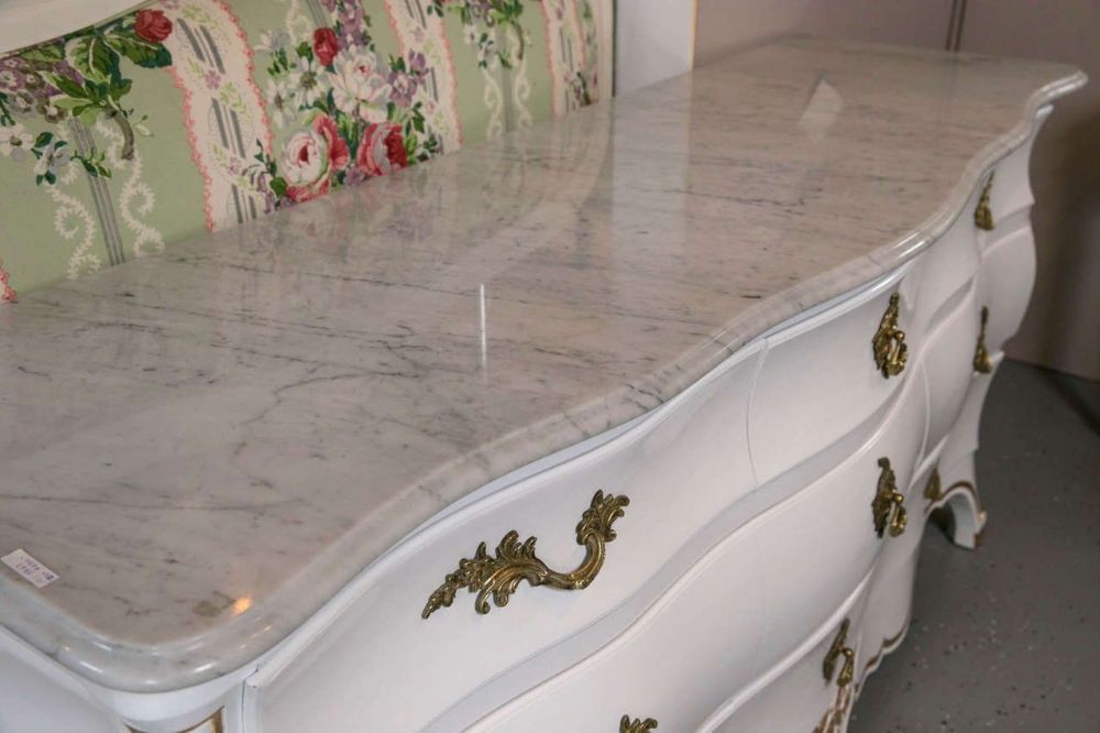 White and Gilt Gold Decorated Louis XV Style Bombe Dresser Carrara Marble Top White and Gilt Gold Decorated Louis XV Style Bombe Dresser Carrara Marble Top