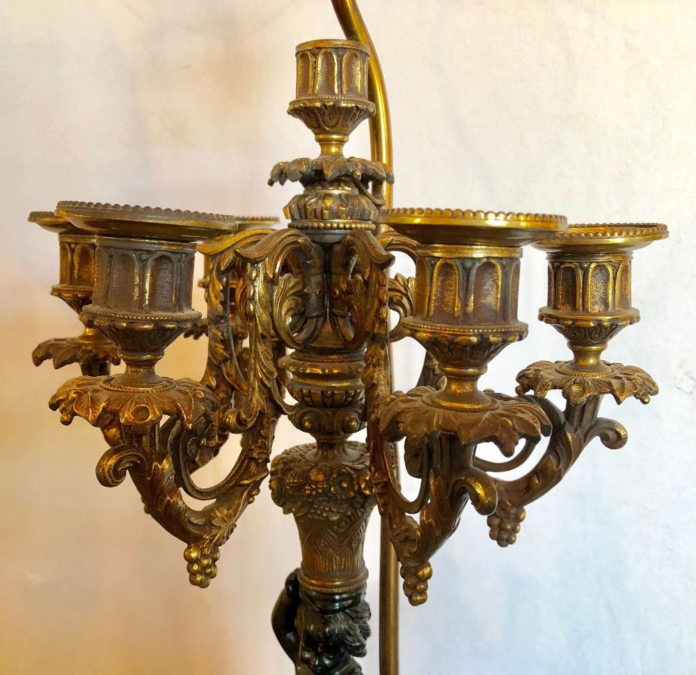 Pair of Antique Bronze Cherub Candelabras on Marble Vases with Custom Shades