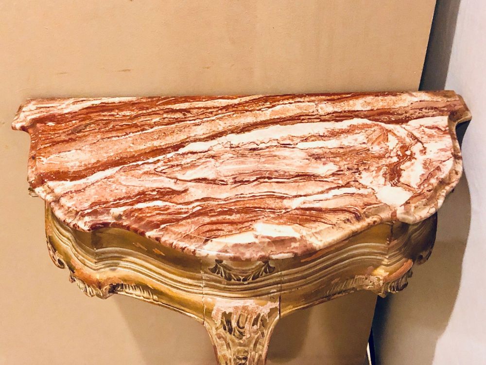 French Louis XV Style Distressed Antique Demi Lune Console, Rouge Marble Top
