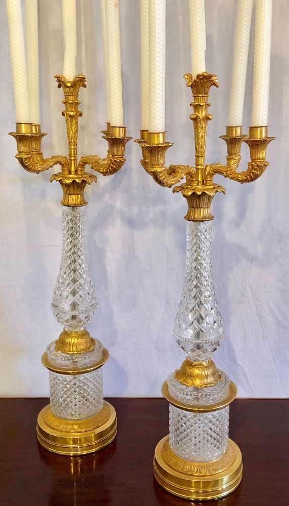 Pair of Baguès Style Cut Crystal and Gilt Brass Table Candelabras or Lamps