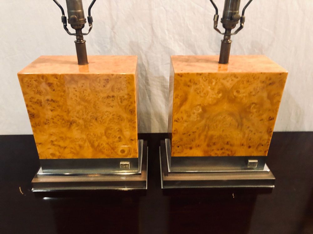 Pair of Jean Claude Mahey Burl Wood & Chrome Base Table Lamps with Custom Shades