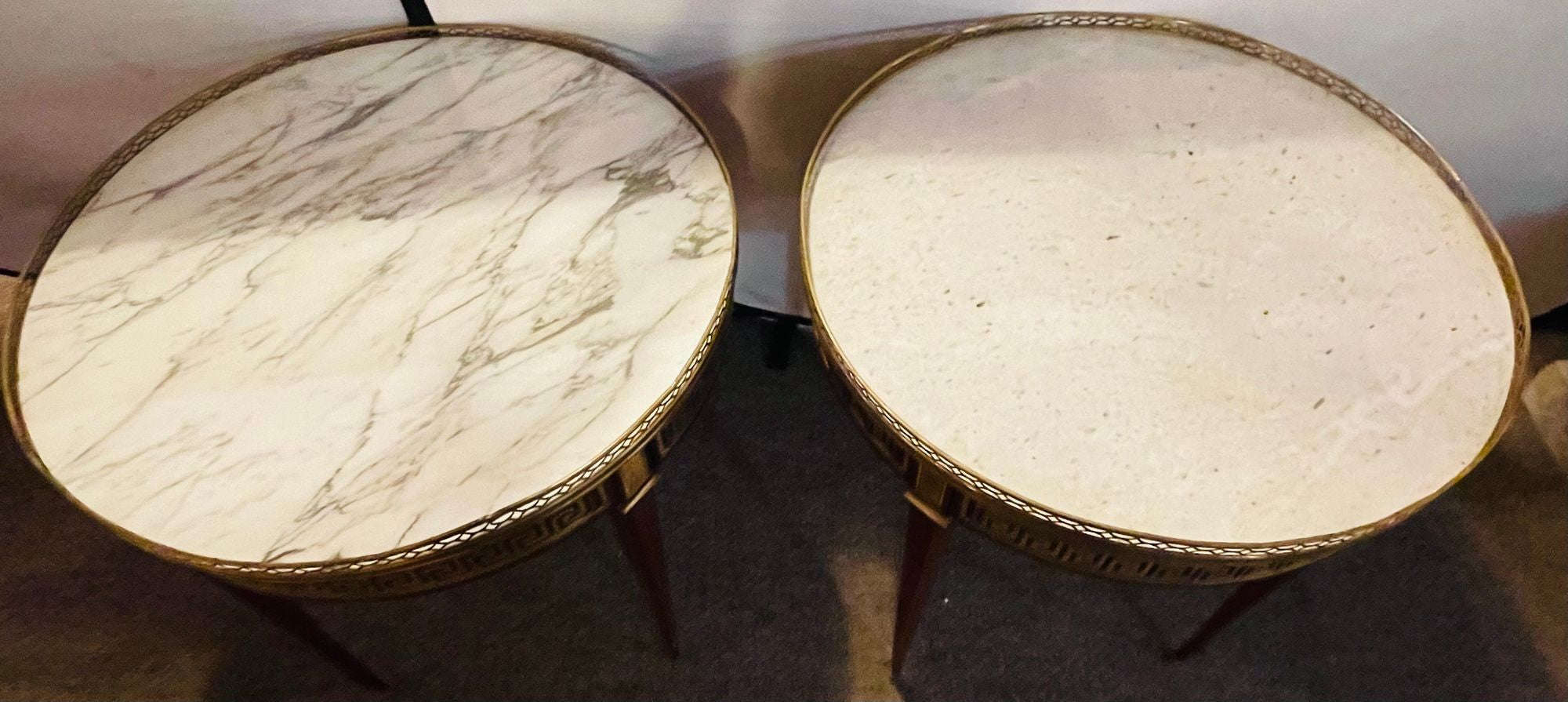 Pair of Marble Top Greek Key Bouillotte or End Tables, Manner of Jansen