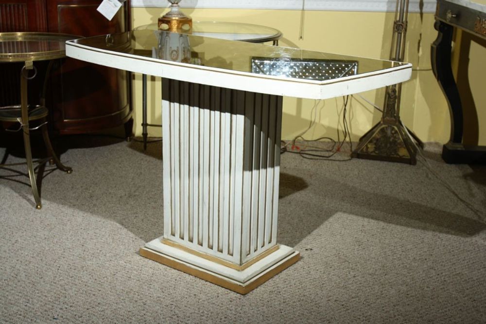 Jansen Painted & Eglomise Console Tables Glass Atop White Painted and Parcel Gilt Frieze - a Pair