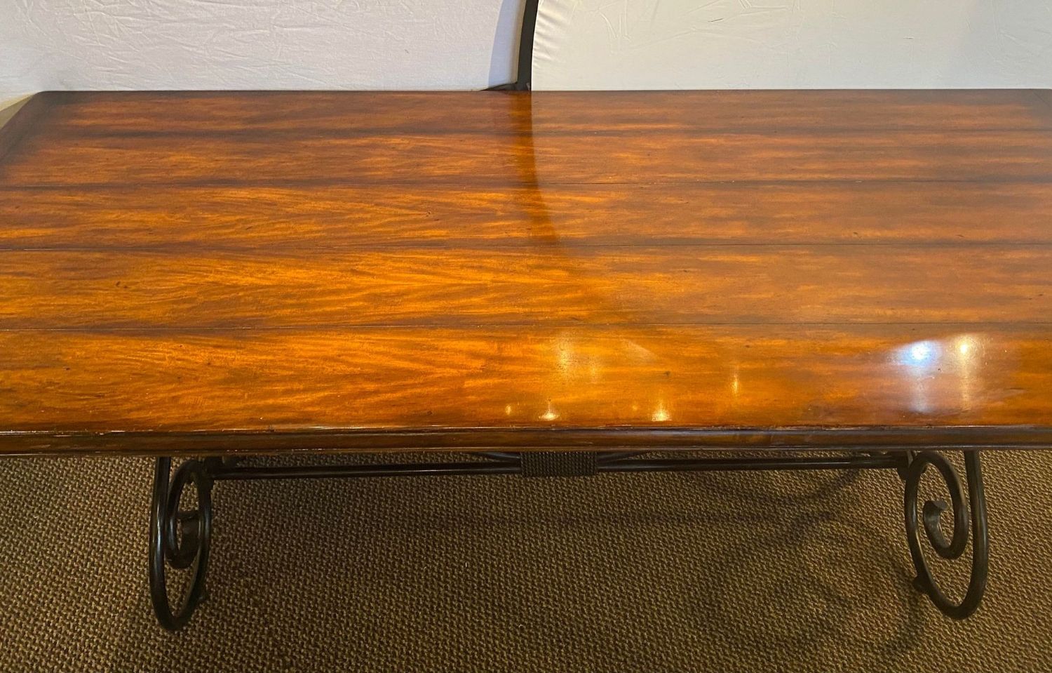 Ebony Metal and Brass Scroll Base Dining Table Wood Top Baroque Style