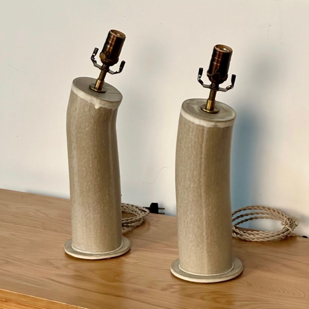 Pair Contemporary Stoneware Beige Glazed Ceramic Table / Desk Lamps, Parchment