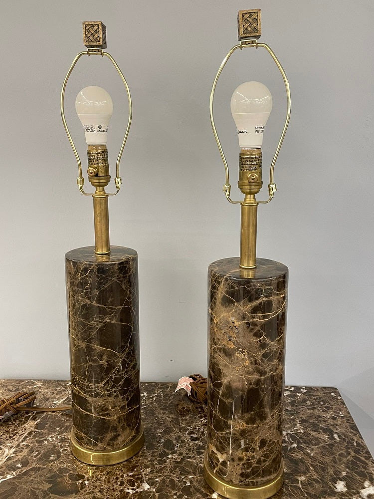 Pair of Modern Solid Marble Cylindrical Table Lamps, Brass Base, Single Bulb