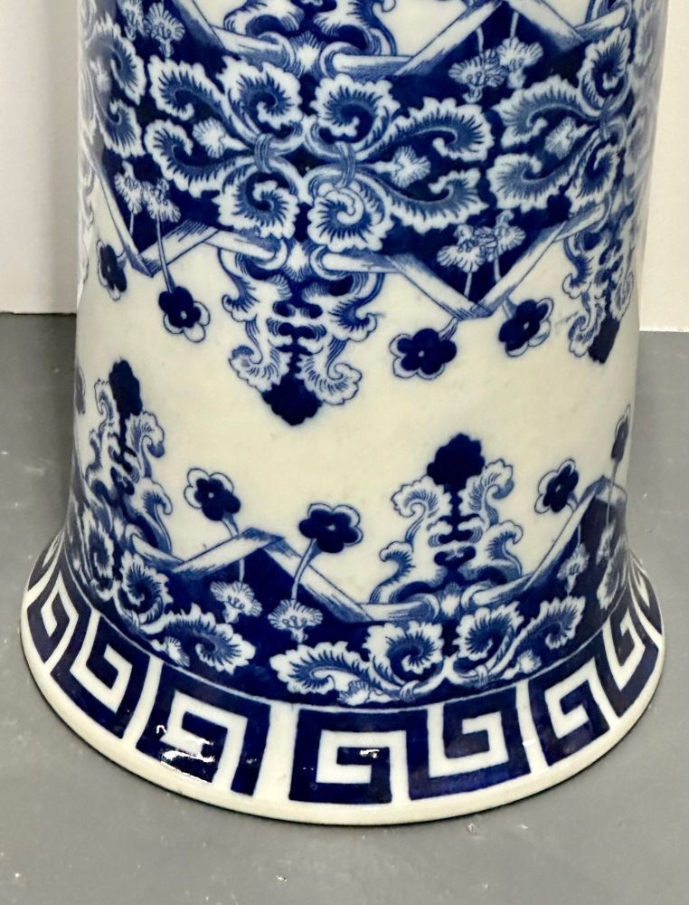 Oriental Porcelain Flow Blue White Umbrella Stand, Large Vase, Floral Decorated