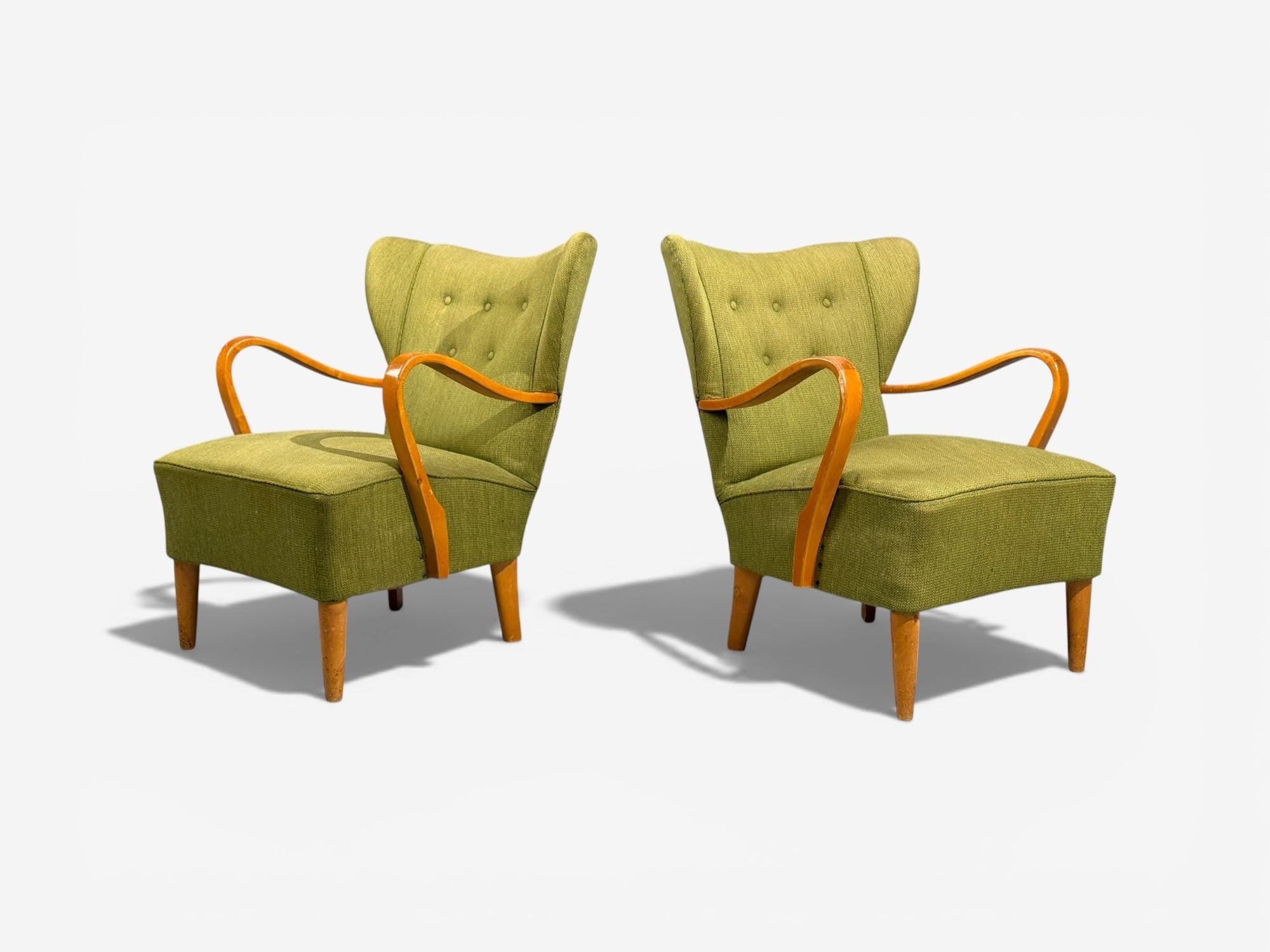 Swedish Modern, Lounge Chairs, Elm, Green Fabric, Sweden, 1930s