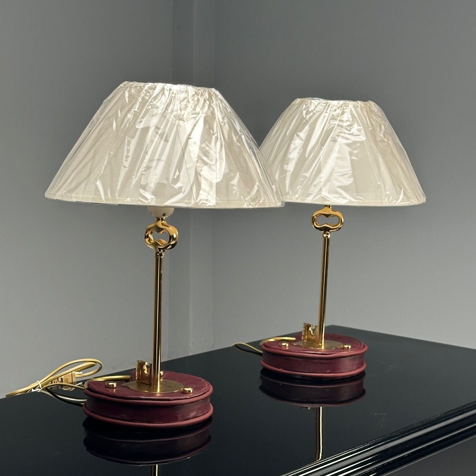 Cartier Style, Modern Key Table Lamps, Red Leather, Brass, Paper Shades