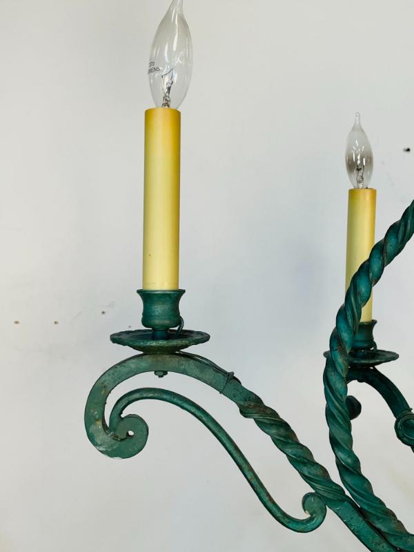 Wrought Iron Industrial Green Painted Chandelier, Circa 1930s