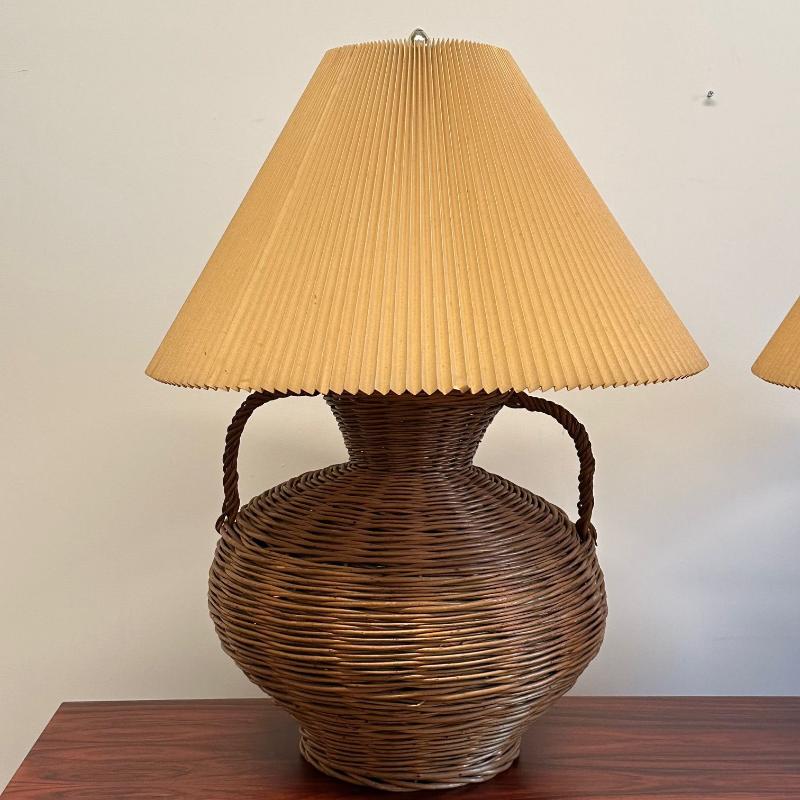Large Mid-Century Modern Wicker Urn Table, Desk Lamps by Kovacs, Compatible Pair
