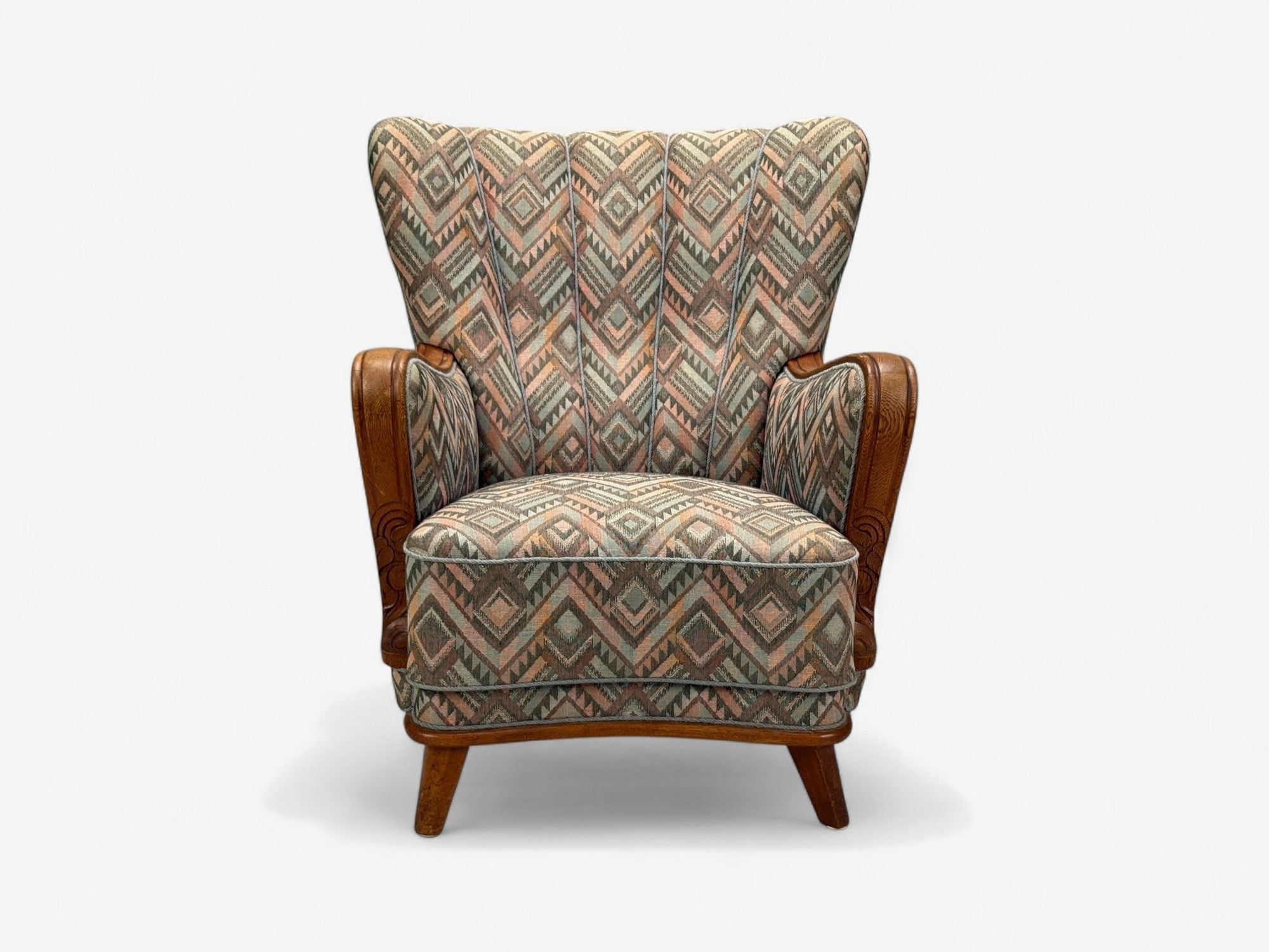 Swedish Art Deco, Stained Wood, Fabric, Organic Lounge Chairs, Sweden, 1970s