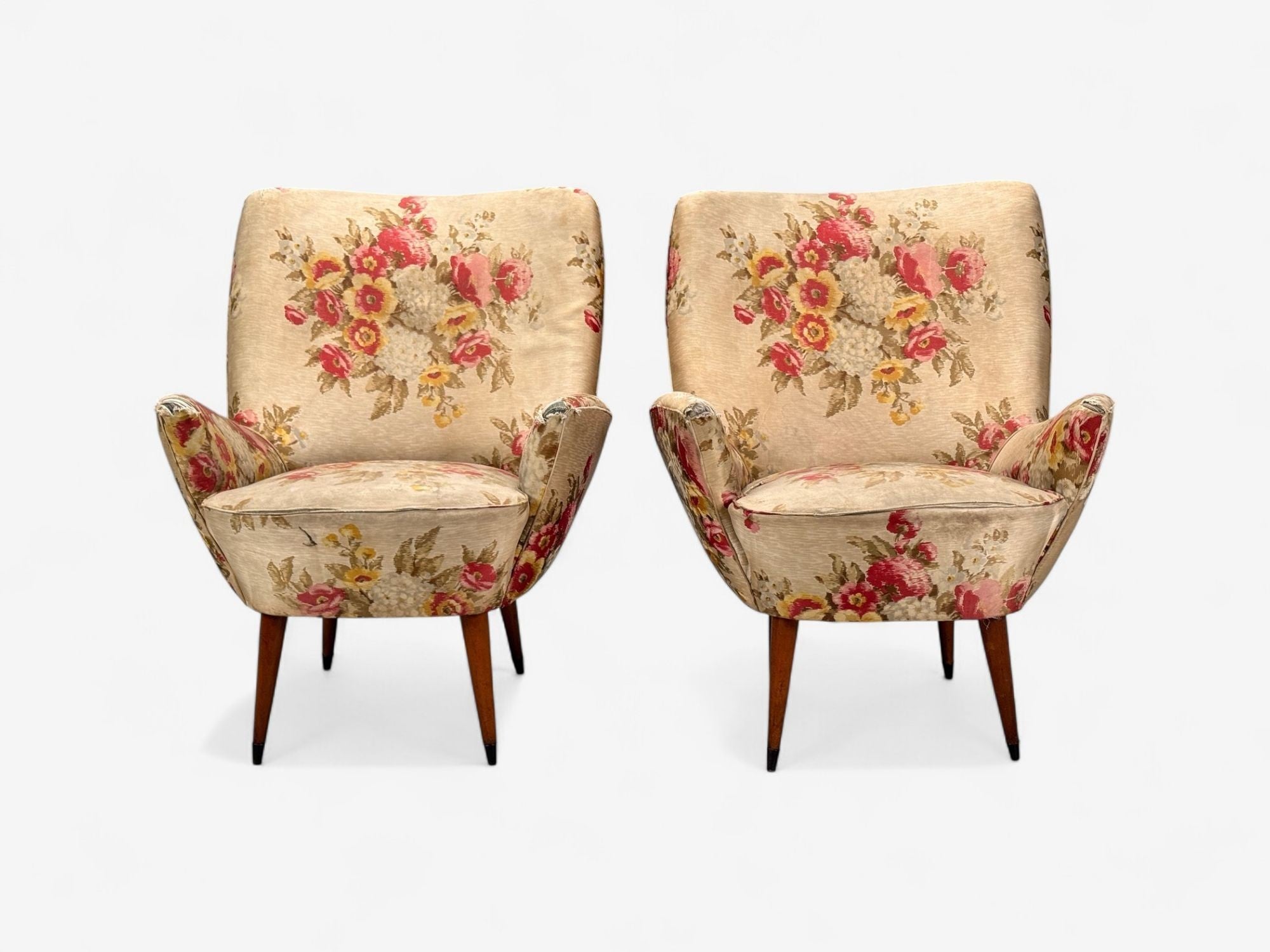ISA Bergamo, Fabric, Wood, Brass, Organic Lounge Chairs, Italy, 1950s