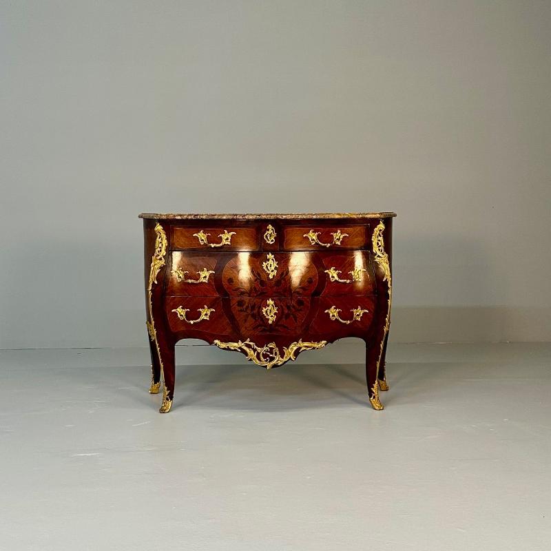 19th Century French Bombe Louis XV Style Marble Top Commode with Floral Inlays